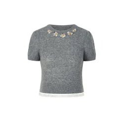 Herlian 3D Flower Trim Short Sleeve Knit Top Gray