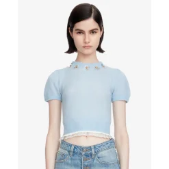 Herlian 3D Flower Trim Short Sleeve Knit Top Blue