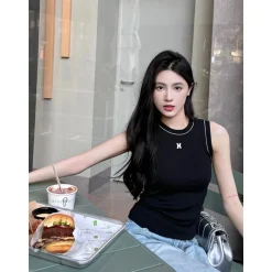 Herlian Embroidery Logo Knit Vest Top Black