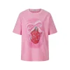Herlian Strawberry Bow Printed Studded T-Shirt Pink