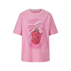 Herlian Strawberry Bow Printed Studded T-Shirt Pink