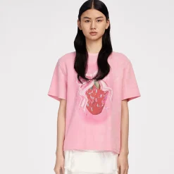 Herlian Strawberry Bow Printed Studded T-Shirt Pink