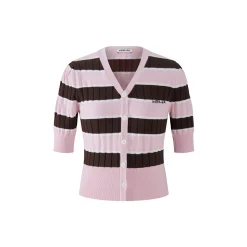 Herlian Striped Contrast Short Sleeve Knit Top Pink