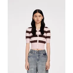 Herlian Striped Contrast Short Sleeve Knit Top Pink