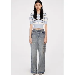 Herlian Striped Contrast Short Sleeve Knit Top Blue