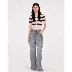 Herlian Striped Contrast Short Sleeve Knit Top Pink
