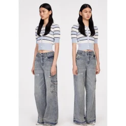 Herlian Striped Contrast Short Sleeve Knit Top Blue