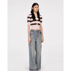 Herlian Striped Contrast Short Sleeve Knit Top Pink