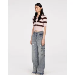 Herlian Striped Contrast Short Sleeve Knit Top Pink