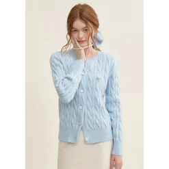 Kroche Blended Woolen Bow Embroidery Twist Cardigan Blue