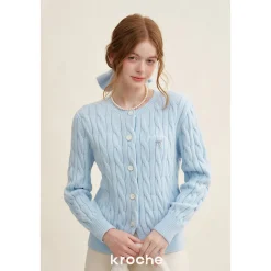 Kroche Blended Woolen Bow Embroidery Twist Cardigan Blue