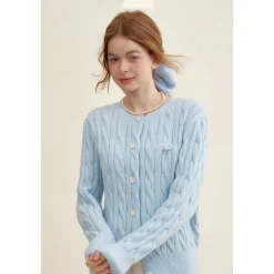 Kroche Blended Woolen Bow Embroidery Twist Cardigan Blue