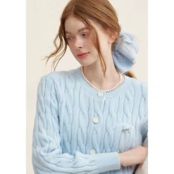 Kroche Blended Woolen Bow Embroidery Twist Cardigan Blue