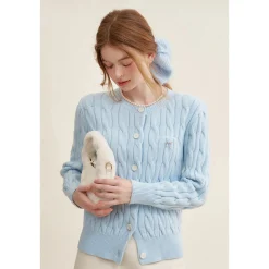 Kroche Blended Woolen Bow Embroidery Twist Cardigan Blue