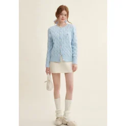 Kroche Blended Woolen Bow Embroidery Twist Cardigan Blue