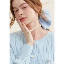 Kroche Blended Woolen Bow Embroidery Twist Cardigan Blue