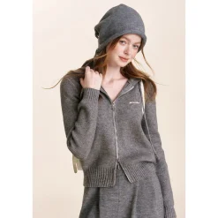Kroche Blended Woolen Double Zipper Knit Hoodie Gray