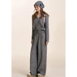 Kroche Blended Woolen Double Zipper Knit Hoodie Gray