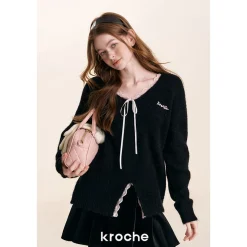 Kroche Blended Woolen Lace Edge V-Neck Sweater