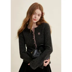 Kroche Blended Woolen Plaid Patchwork Knit Cardigan Gray
