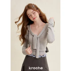 Kroche Blended Woolen Sailor Collar Knit Top Light Gray