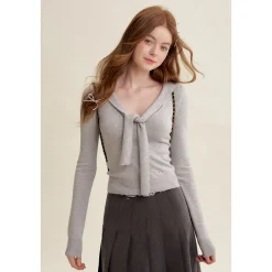 Kroche Blended Woolen Sailor Collar Knit Top Light Gray