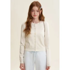 Kroche ﻿Bow Embroidery Pearl Button Knit Cardigan White