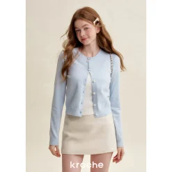 Kroche ﻿Bow Embroidery Pearl Button Knit Cardigan Blue