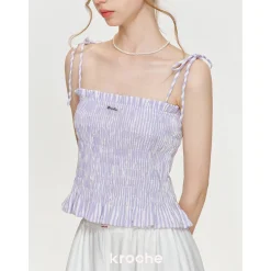 Kroche Bow Lace Up Plaid Sling Vest Purple