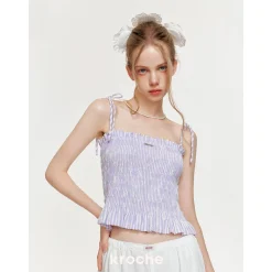 Kroche Bow Lace Up Plaid Sling Vest Purple