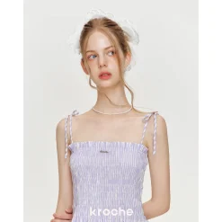 Kroche Bow Lace Up Plaid Sling Vest Purple