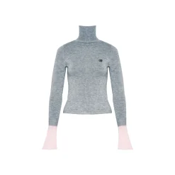 Kroche Color Blocked Cuff Woolen Knit Turtleneck Top Grey
