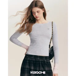 Kroche Color Blocked Cuff Woolen Knit Top Grey