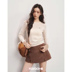 Kroche Color Blocked Cuff Woollen Knit Top Beige