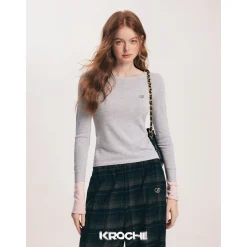 Kroche Color Blocked Cuff Woolen Knit Top Grey