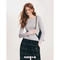 Kroche Color Blocked Cuff Woolen Knit Top Grey