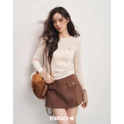 Kroche Color Blocked Cuff Woollen Knit Top Beige