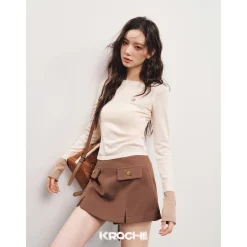 Kroche Color Blocked Cuff Woollen Knit Top Beige