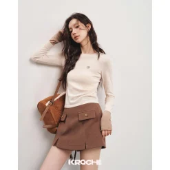 Kroche Color Blocked Cuff Woollen Knit Top Beige