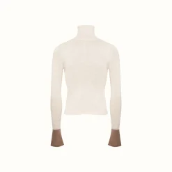 Kroche Color Blocked Cuff Woolen Knit Turtleneck Top Beige