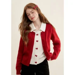 Kroche Color Blocked Fake-3-Piece Bow Woolen Cardigan Red