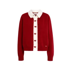 Kroche Color Blocked Fake-3-Piece Bow Woolen Cardigan Red