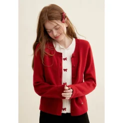 Kroche Color Blocked Fake-3-Piece Bow Woolen Cardigan Red