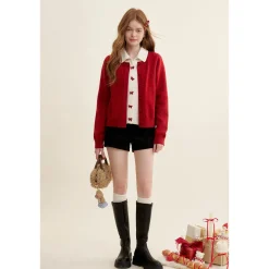 Kroche Color Blocked Fake-3-Piece Bow Woolen Cardigan Red