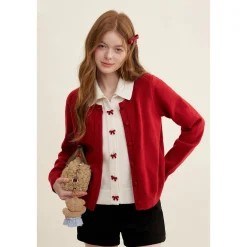 Kroche Color Blocked Fake-3-Piece Bow Woolen Cardigan Red