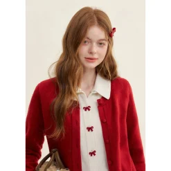 Kroche Color Blocked Fake-3-Piece Bow Woolen Cardigan Red