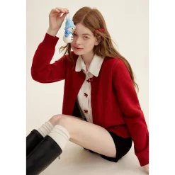 Kroche Color Blocked Fake-3-Piece Bow Woolen Cardigan Red
