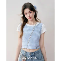 Kroche 3D Bow Plaid Sling Vest Blue