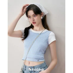 Kroche 3D Bow Plaid Sling Vest Blue