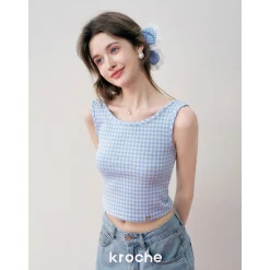 Kroche 3D Bow Plaid Sling Vest Blue